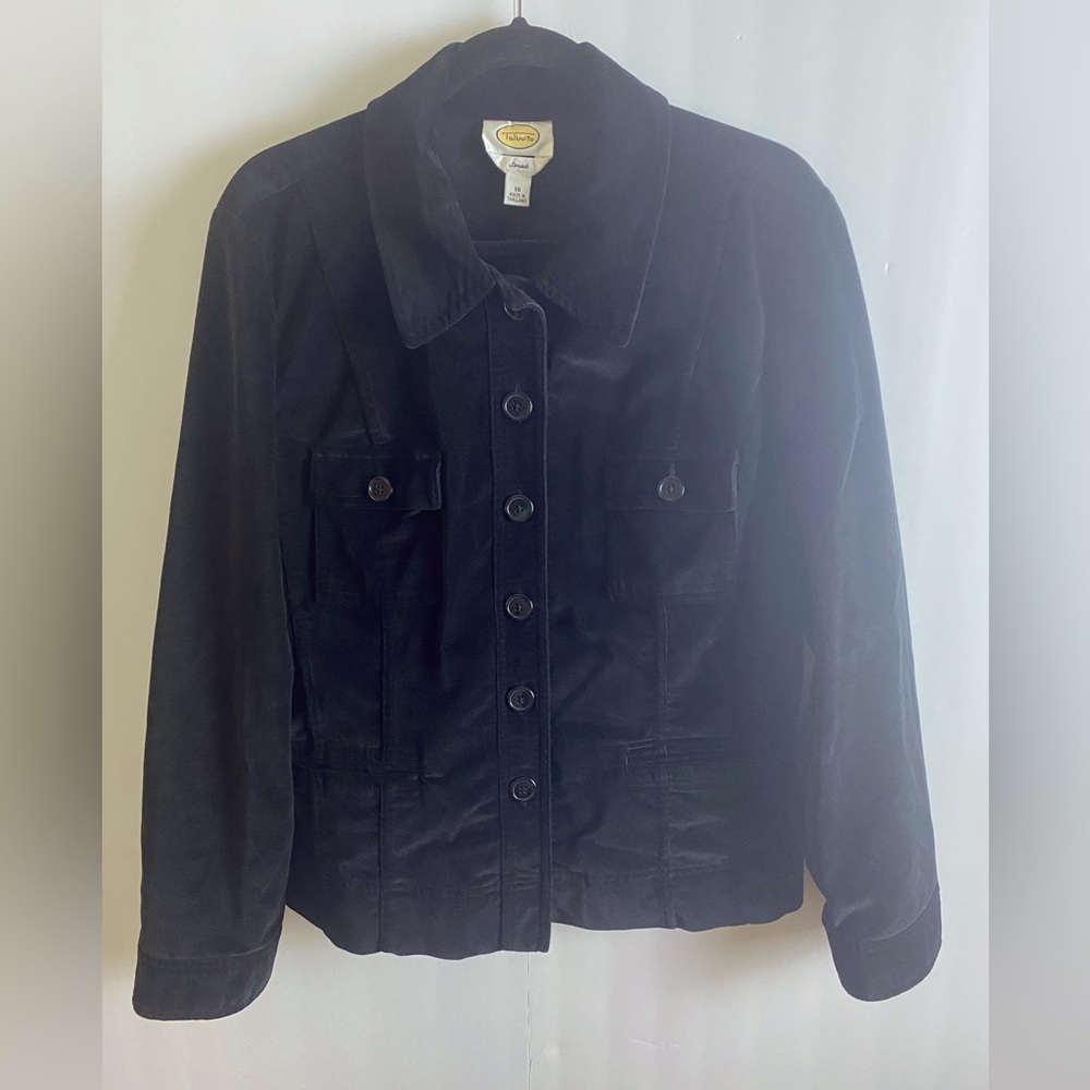TALBOTS WOMEN VELOUR STRETCH BUTTON UP JACKET SZ 16 COLOR BLACK MADE IN THAILAND